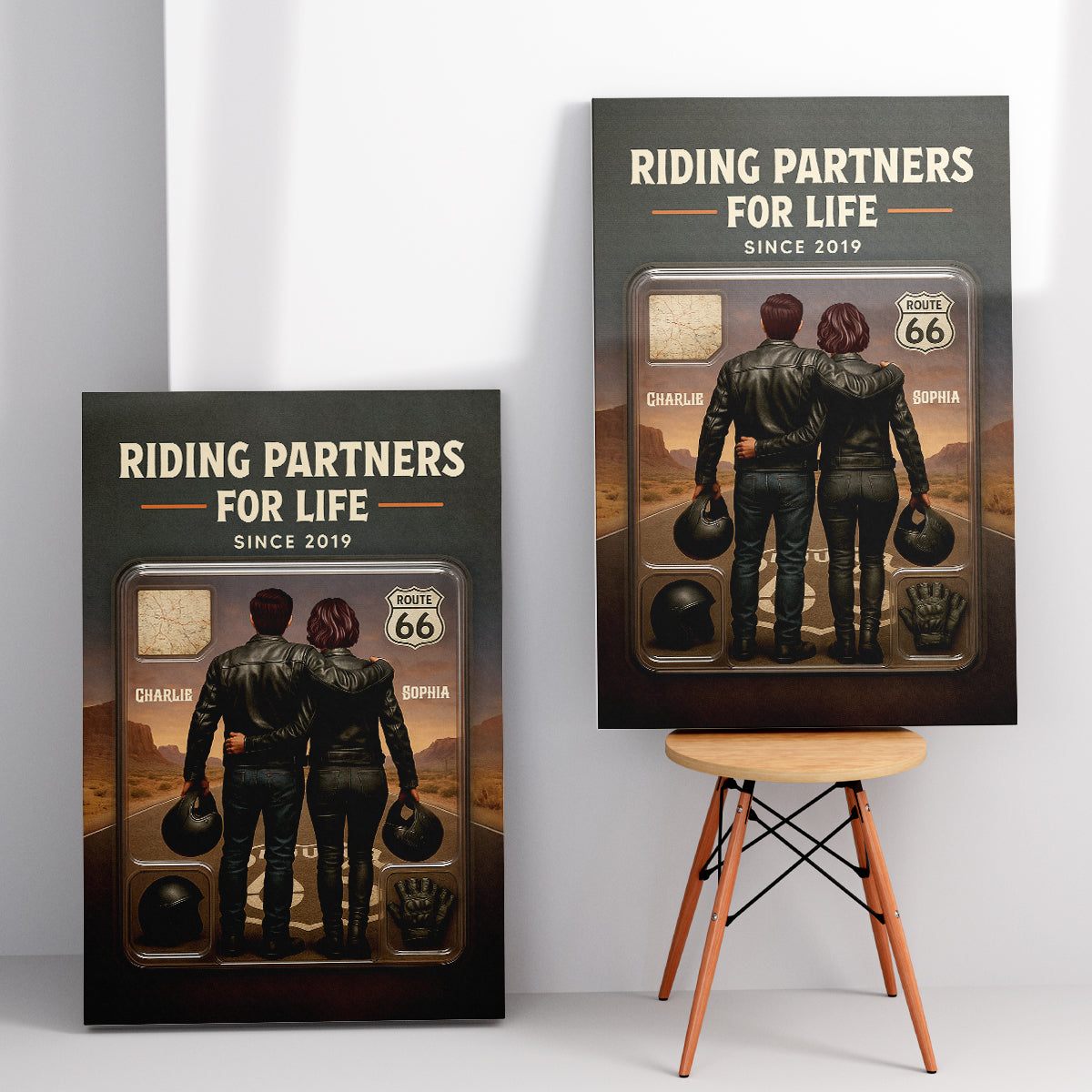 3D Effect Custom Figure Couple Bikers Riding Partners For Life Personalized Wrapped Canvas