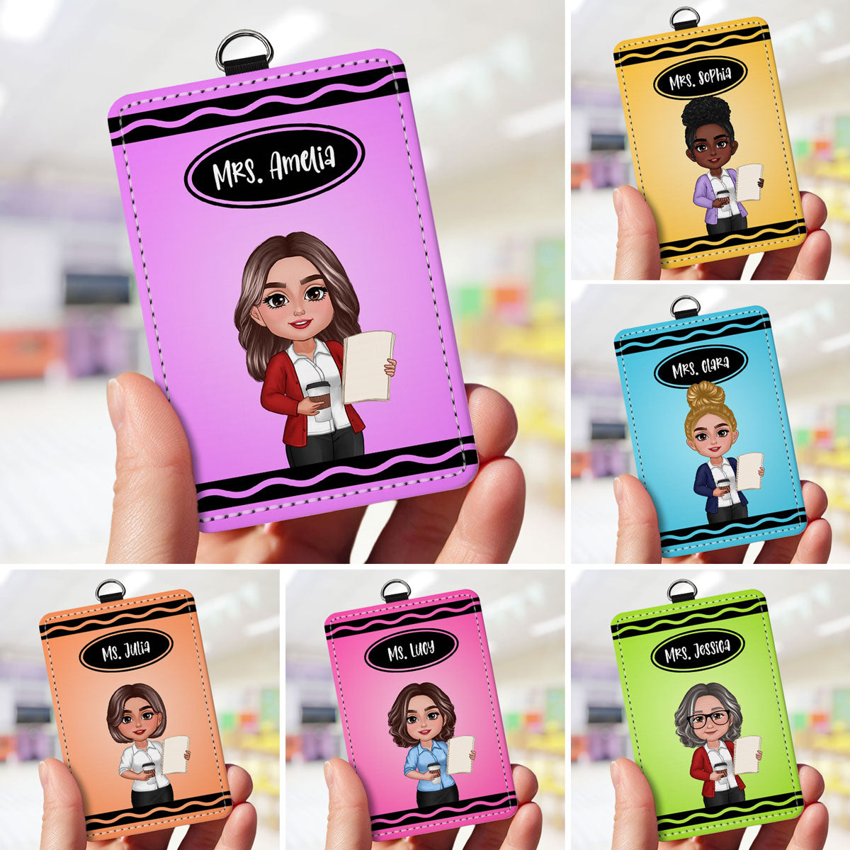 Crayon Themed Teacher Name Personalized ID Badge Holder, Back To School Gift