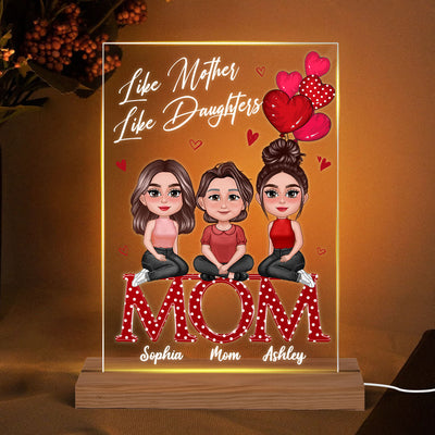 Pretty Doll Mother Daughter Sitting On Text Red Hearts Personalized Acrylic LED Night Light