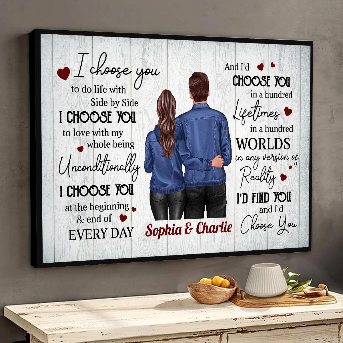 Denim Back View Couple Standing Hugging Personalized Horizontal Poster