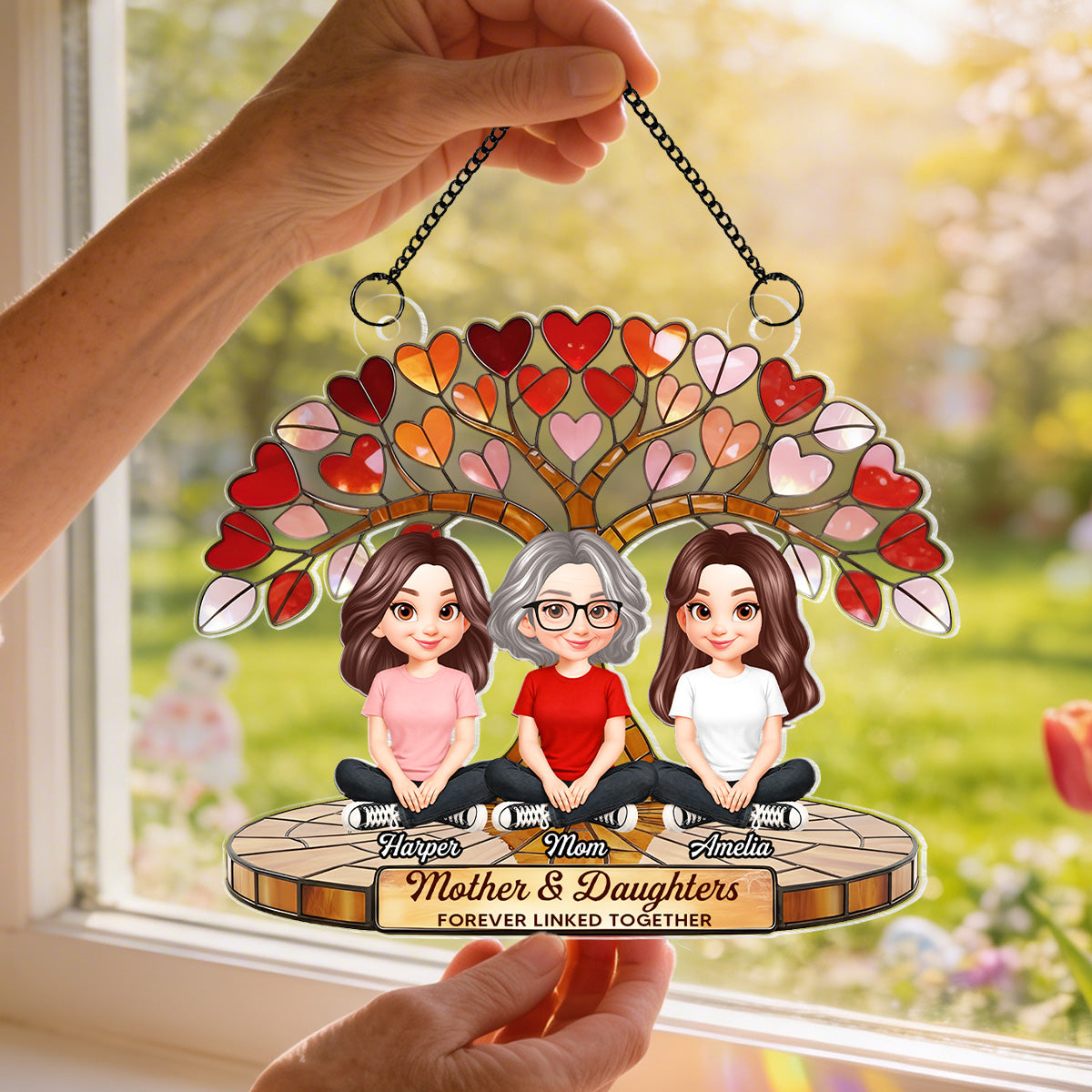 Mom And Son Daughter Under Heart Tree Forever Linked Together - Personalized Suncatcher Ornament - Gift For Mom