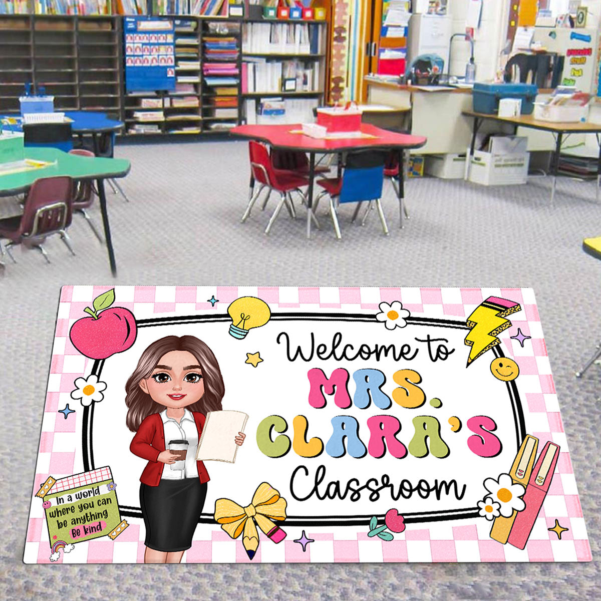 Teacher Checkered Pattern Welcome To Classroom Personalized Doormat| Back To School Gift, Classroom Decoration