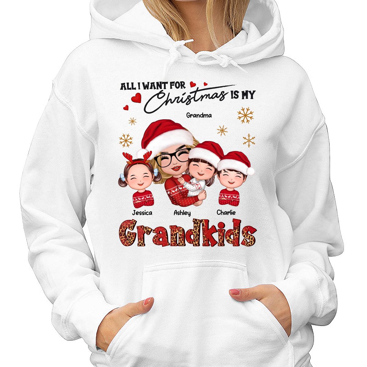 Leopard Christmas Doll Grandma Hugging Kid All I Want For Christmas Is My Grandkids Personalized Shirt