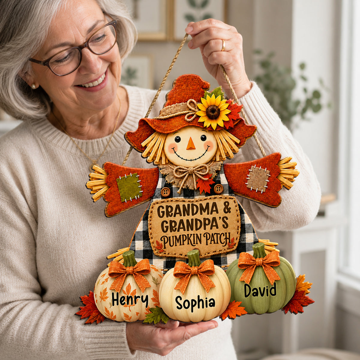 Grandma & Grandpa's Pumpkin Patch Scarecrow - Personalized Wooden Door Sign - Fall Front Porch Decor