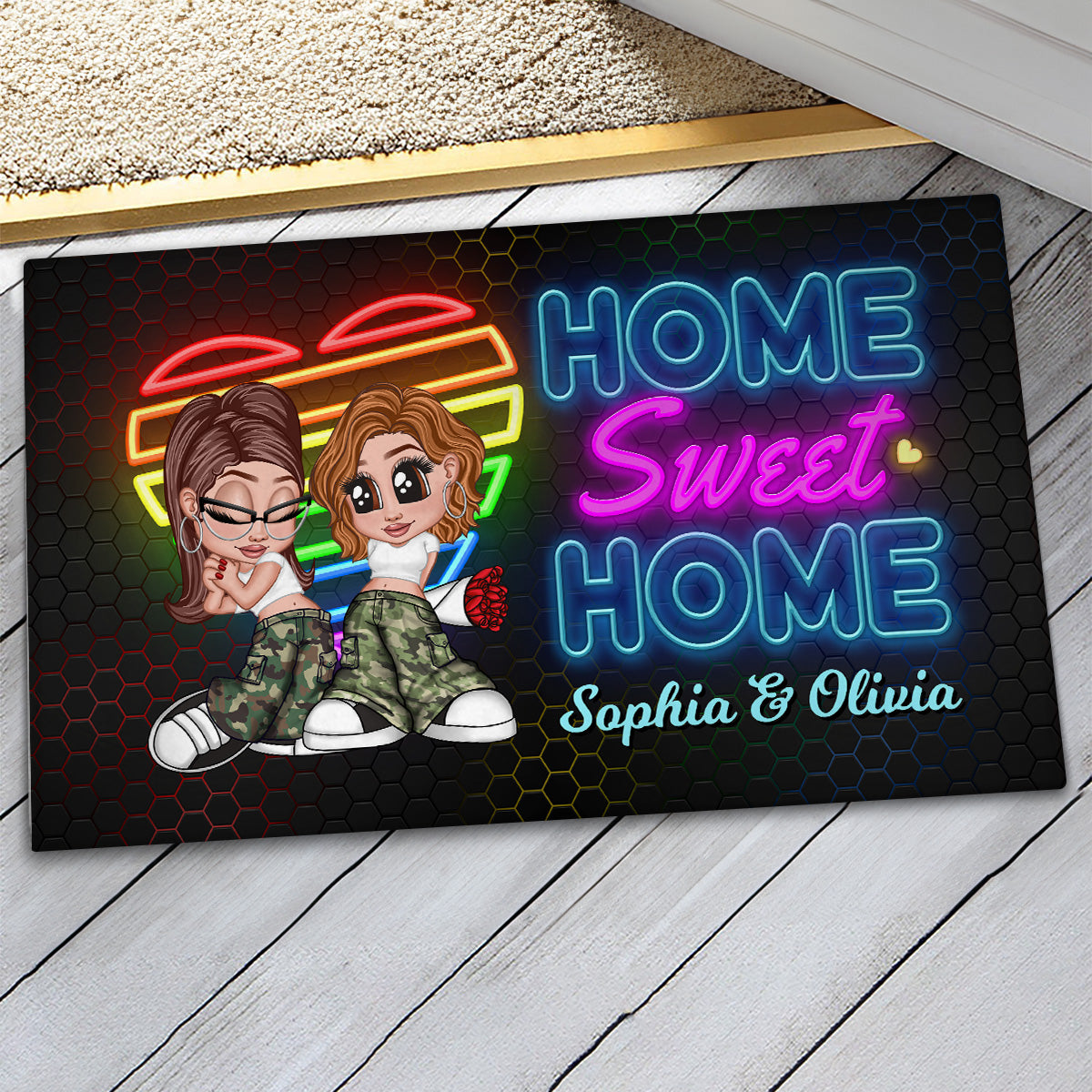 Home Sweet Home Love Wins Y2K Couple Neon Theme Personalized Doormat