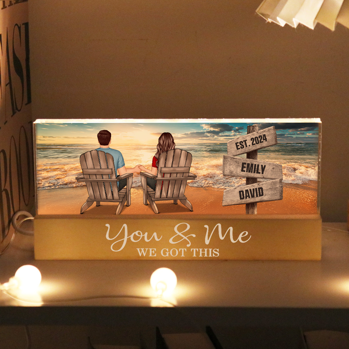 Romantic Beach Landscape Couple Sitting Holding Hands Sign Posts Personalized Acrylic Block LED Night Light, Heartfelt Gift For Couple, For Him, For Her, Boyfriend, Girlfriend, Husband, Wife