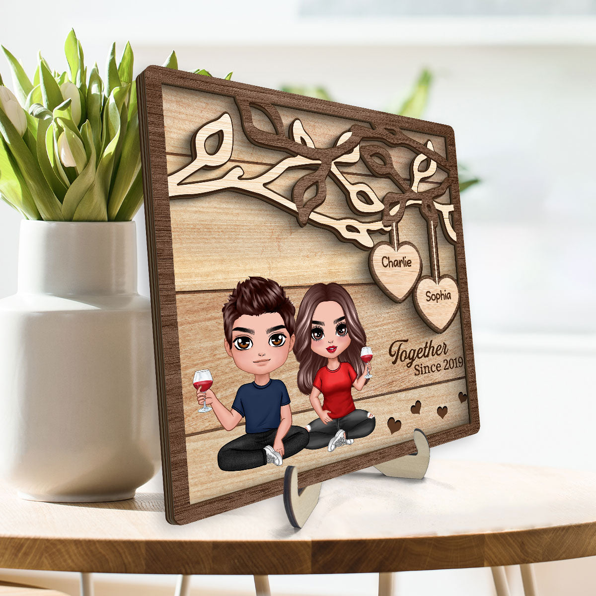Doll Couple Sitting Under Tree Personalized 2-Layer Wooden Plaque