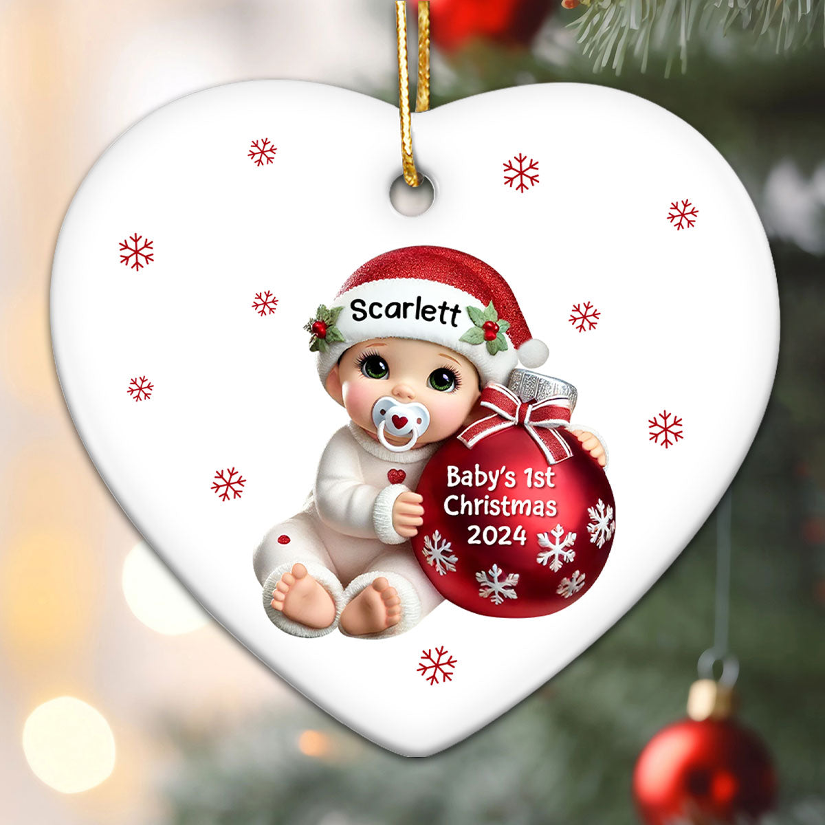Baby Beside Christmas Bauble Baby's First Christmas Personalized Flat Heart Ceramic Ornament
