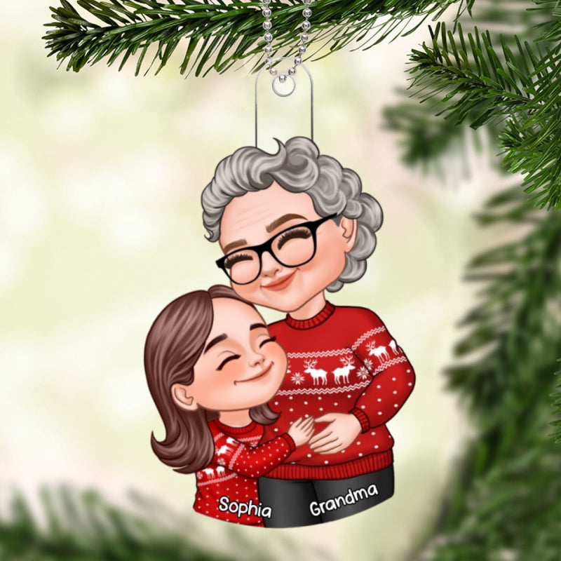 Christmas Cartoon Grandma & Grandkid Hugging Gift For Granddaughter Grandson Personalized Acrylic Ornament