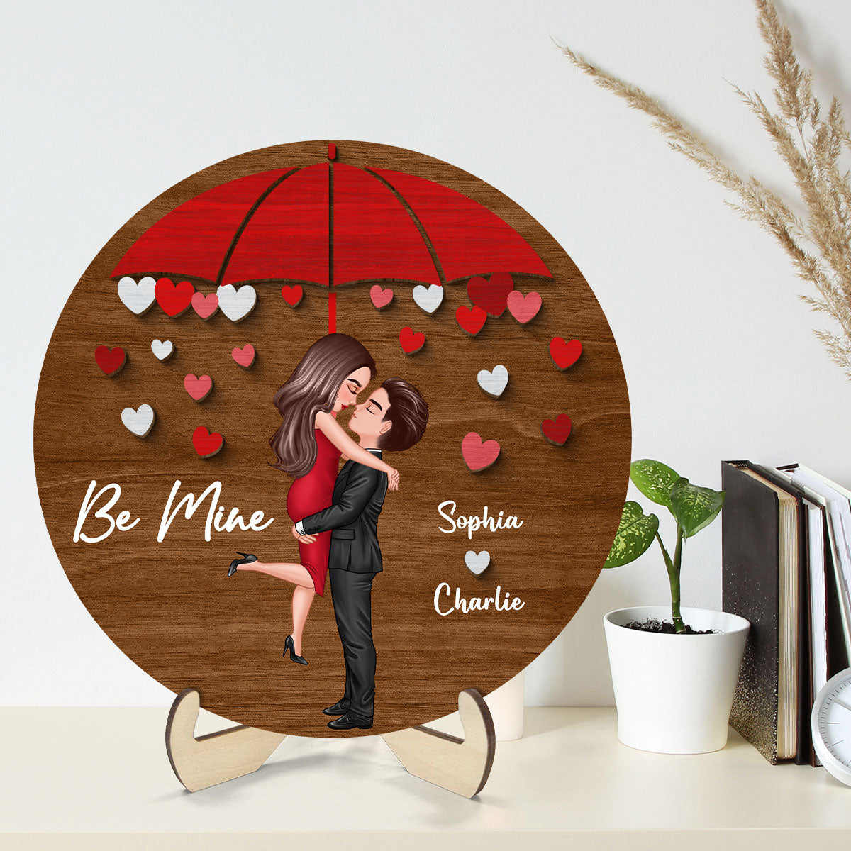 Couple Hugging Kissing Under Umbrella Valentine‘s Day Gift Personalized 2-layer Wooden Plaque