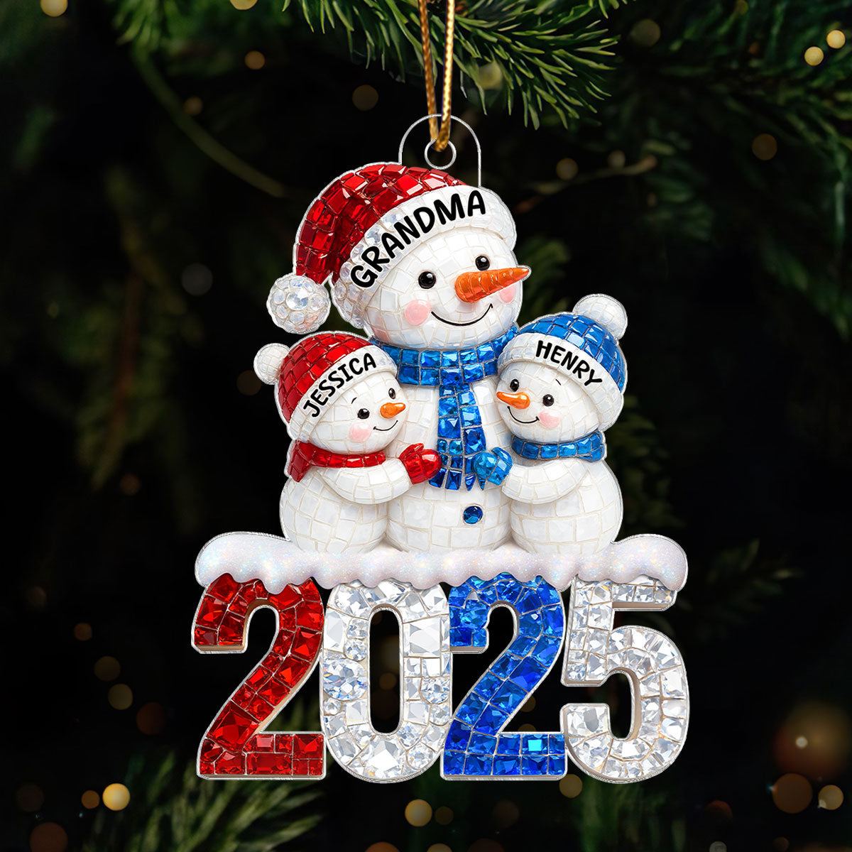 3D Rhinestone Effect Snowman Grandma Grandkids - Personalized Acrylic Ornament - Christmas Gift for Grandmas