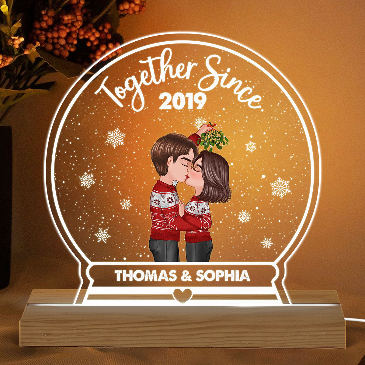 Couple Kissing Under Mistletoe Together Since Personalized Snow Globe Shaped Acrylic Plaque With LED Night Light