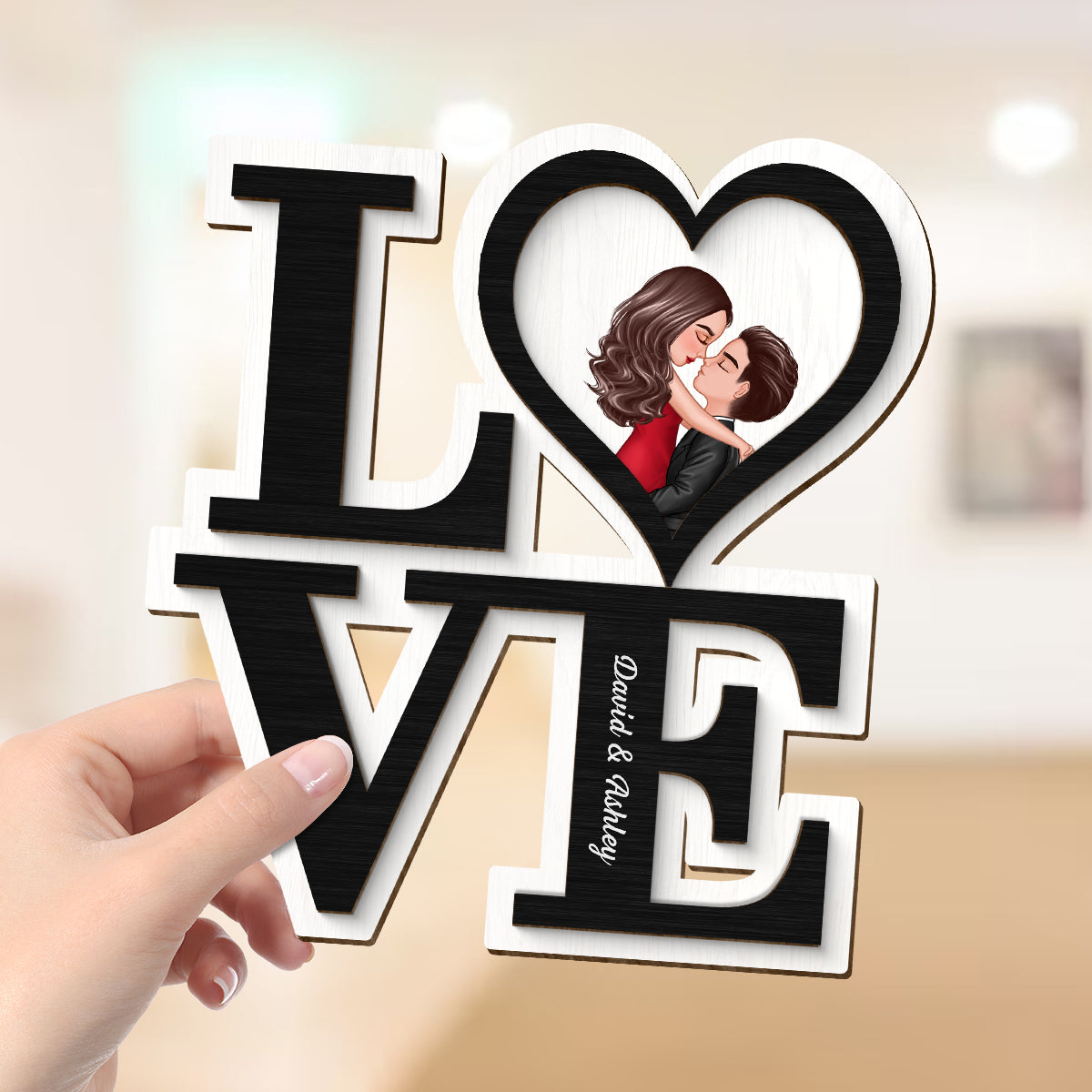 LOVE Stacked Couple Hugging Kissing  Gift For Him Gift For Her Personalized 2-layer Wooden Plaque