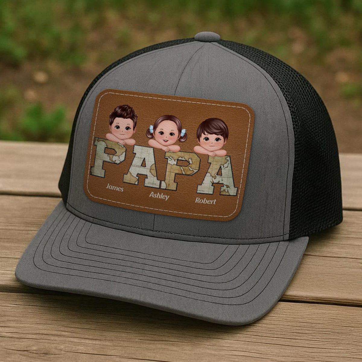 Grandpa Dad We Love You World Map Pattern Doll Kids On Hand Personalized Leather Patch Hat