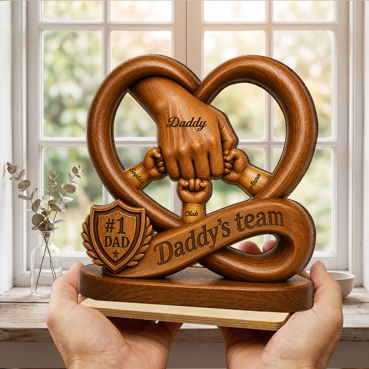 Daddy's Dream Team Fist Bump - Personalized 2-Layered Wooden Plaque - Father's Day Gift for Dad, Husband