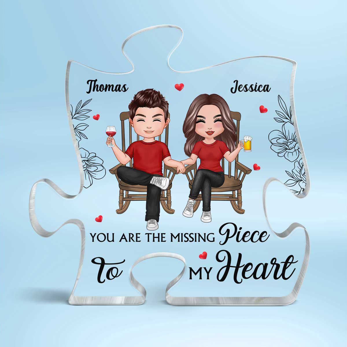 Doll Couple Sitting Front View Personalized Puzzle Acrylic Plaque - Gift For Him Gift For Her