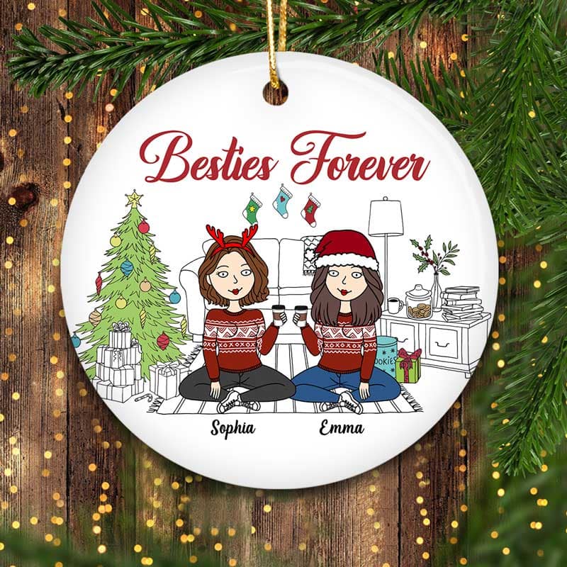 Christmas Outline Background Funny Besties Christmas Personalized Circle Ornament