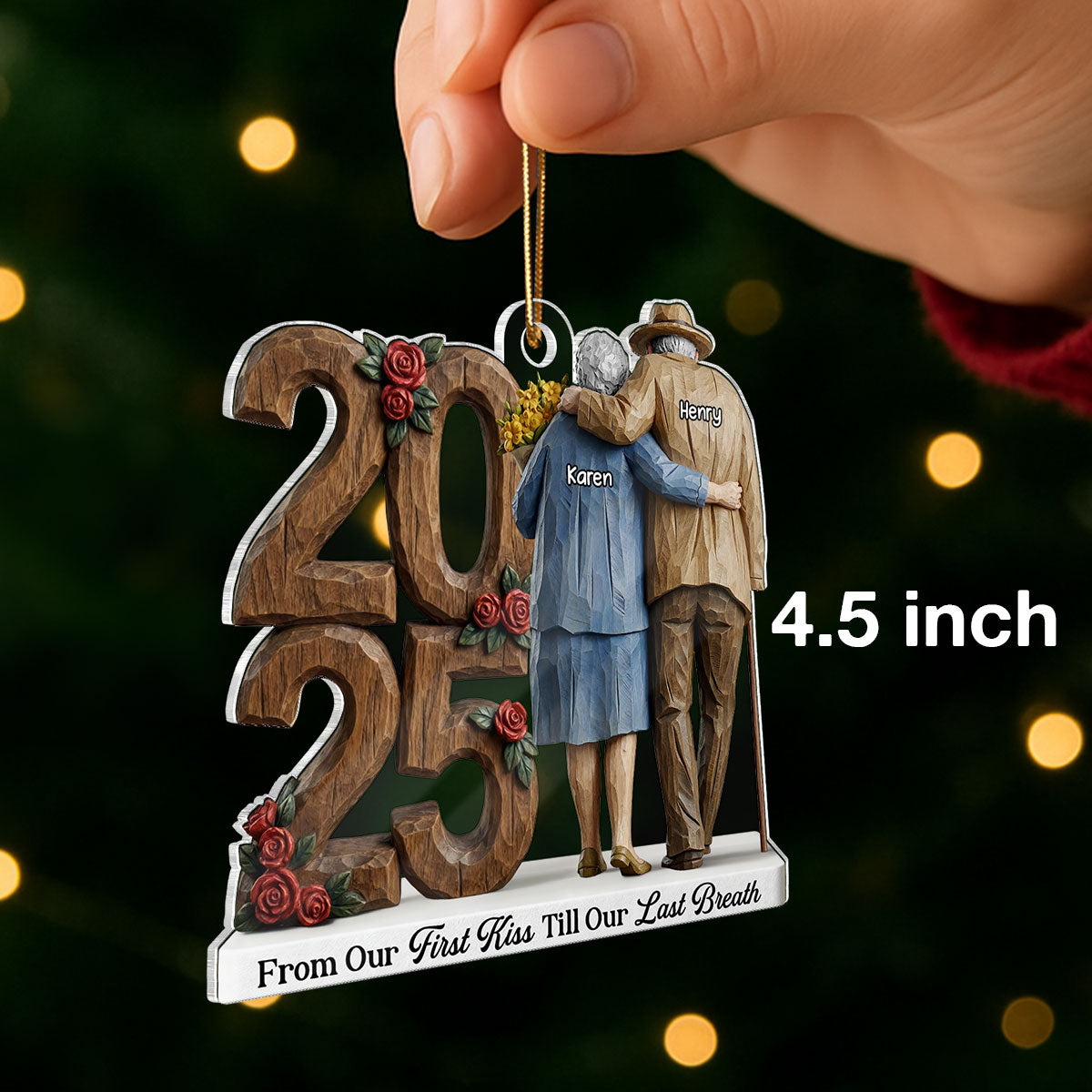 Old Couple Back View Hugging Faux Wood - Personalized Acrylic Ornament - Heartwarming Christmas Gift For Him, For Her, For Couple