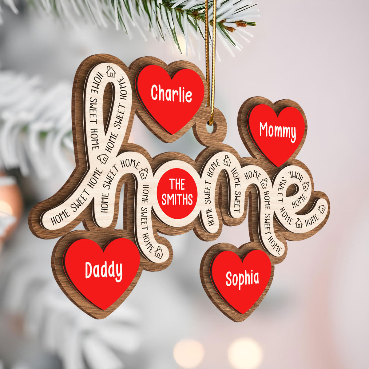 Home Sweet Home Hearts Personalized 2-Layer Wooden Orrnament, Christmas Gift for Family