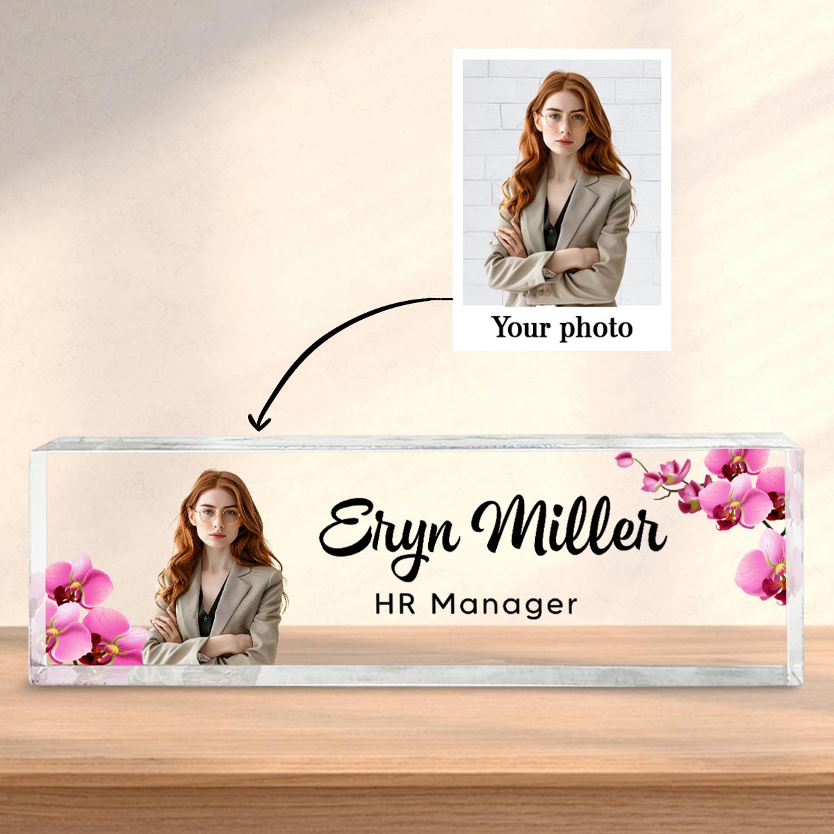 Upload Photo Daisy Flowers Blank Personalized Acrylic Desk Name Plate, Gift For Colleagues, Coworkers, Boss, Nurses, Doctors