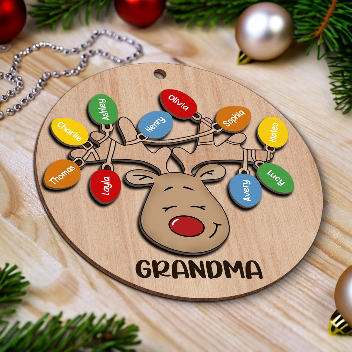 Christmas Grandma Reindeer Personalized 2-Layer Wooden Ornament, Gift For Grandma