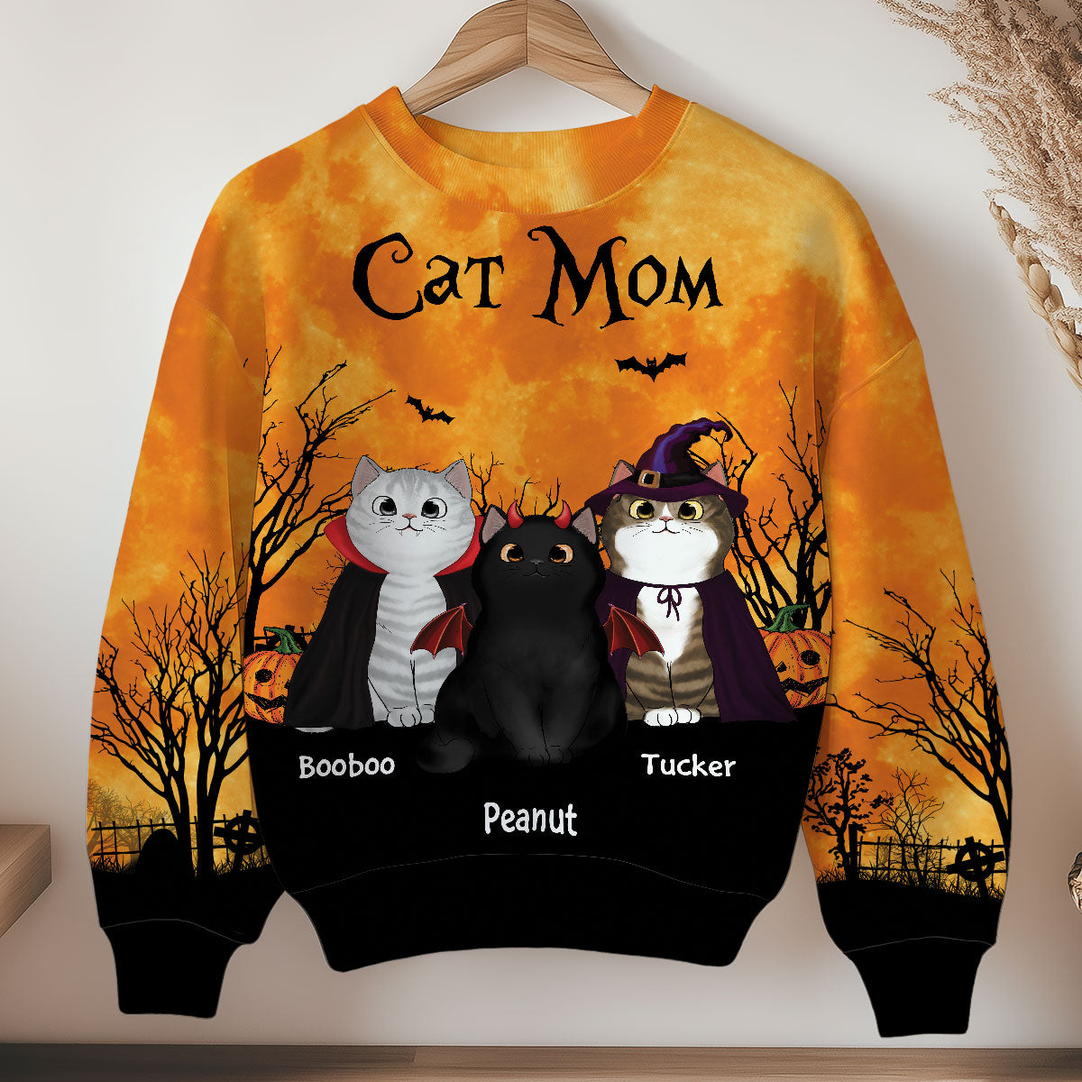 Cat Mom Halloween Moon Light Bat Tree Personalized Sweatshirt, Purrfect Costume for Cat Lover