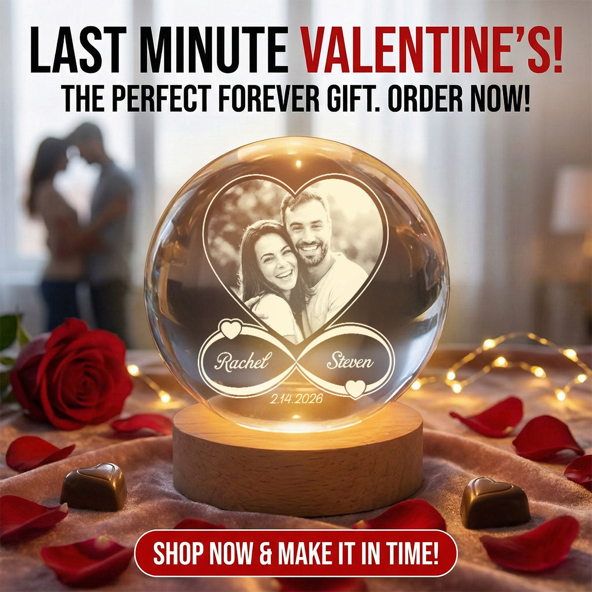Eternal Love Custom Couple Photo Inside Infinity Heart - Personalized Crystal Ball LED Night Light - Valentine's Day Gift For Couple, For Her, For Him