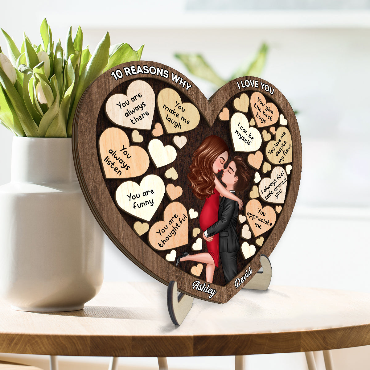 Couple Kissing In Heart Reasons I Love You Personalized 2-layer Wooden Plaque,  Gift For Him, Gift For Her