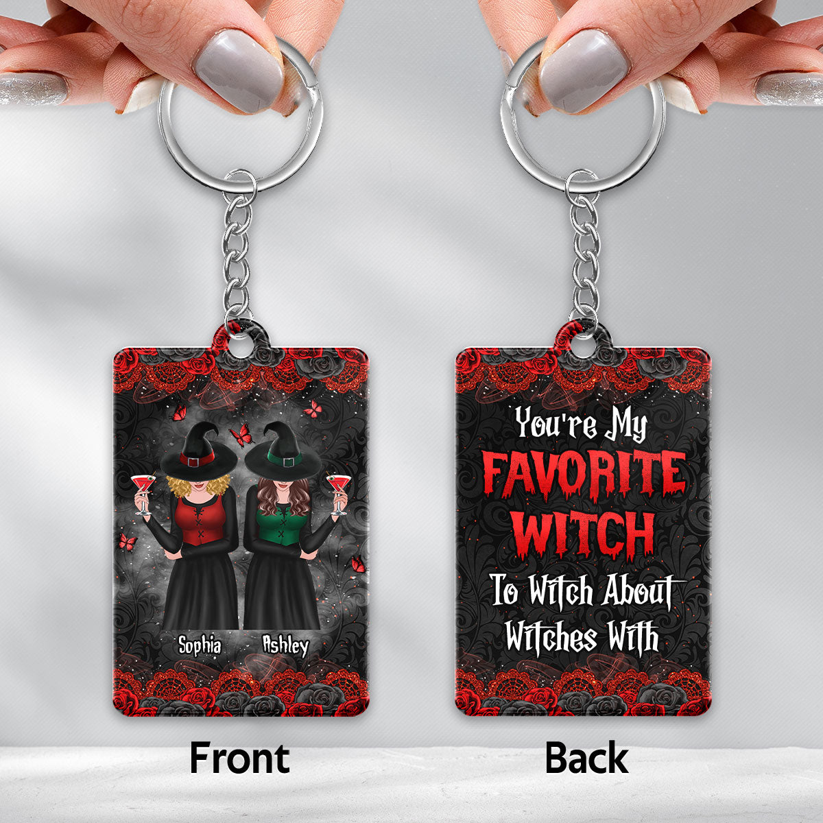 Roses Halloween Front View Besties Witches Gift For Best Friends Personalized Acrylic Keychain