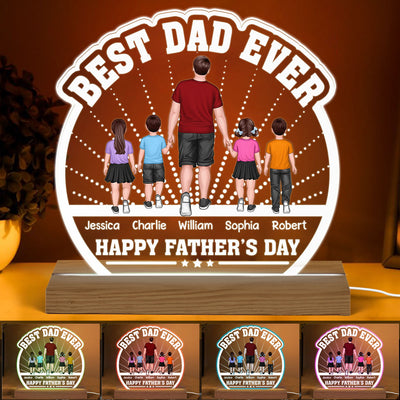Best Dad Ever Back View Man Walking With Kids Dog Cat Personalized Custom Shaped Acrylic Plaque With Warm LED Night Light