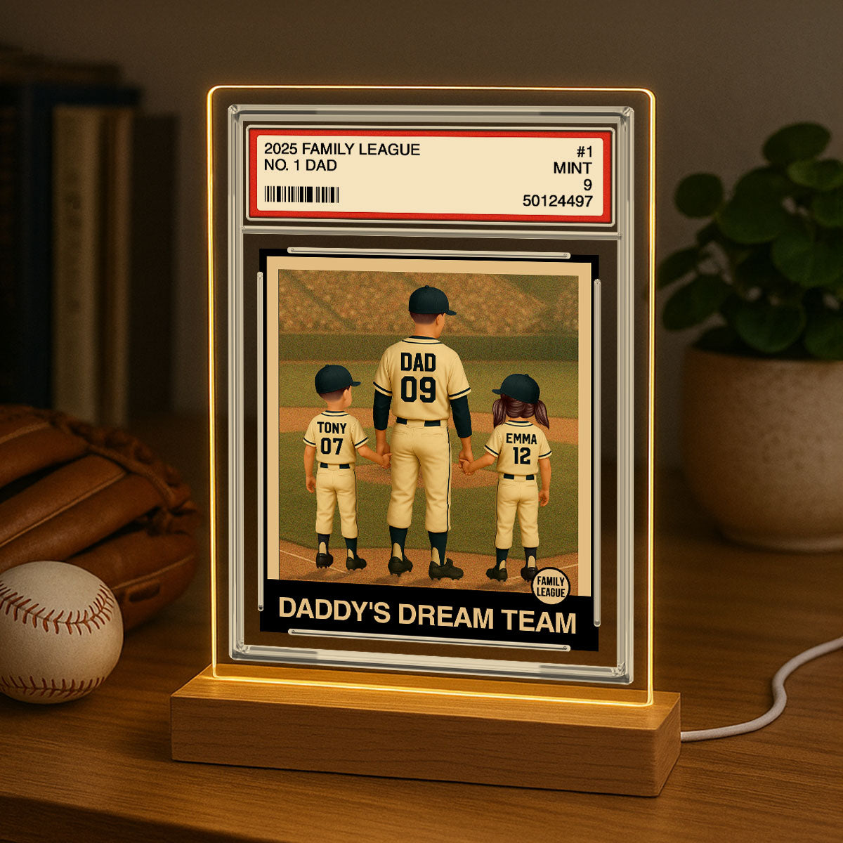 Baseball No. 1 Dad Man & Kids Trading Card Style Personalized Acrylic Plaque With LED Night Light