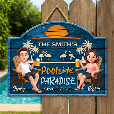 Cute Cartoon Couple Family Poolside Paradise Personalized Wood Sign