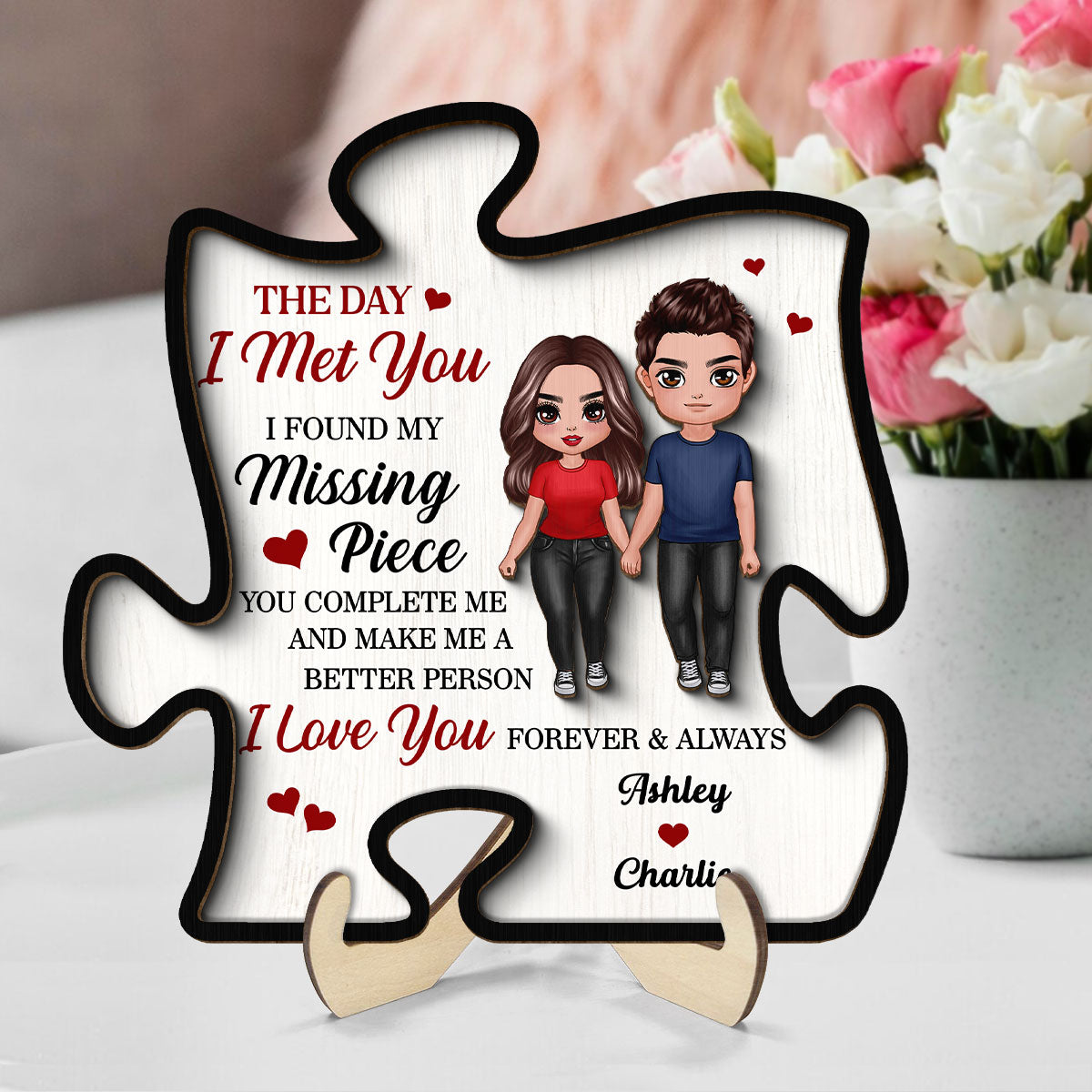 Doll Couple Found My Missing Piece Valentine‘s Day Anniversary Gift For Him For Her Personalized 2-Layer Wooden Plaque