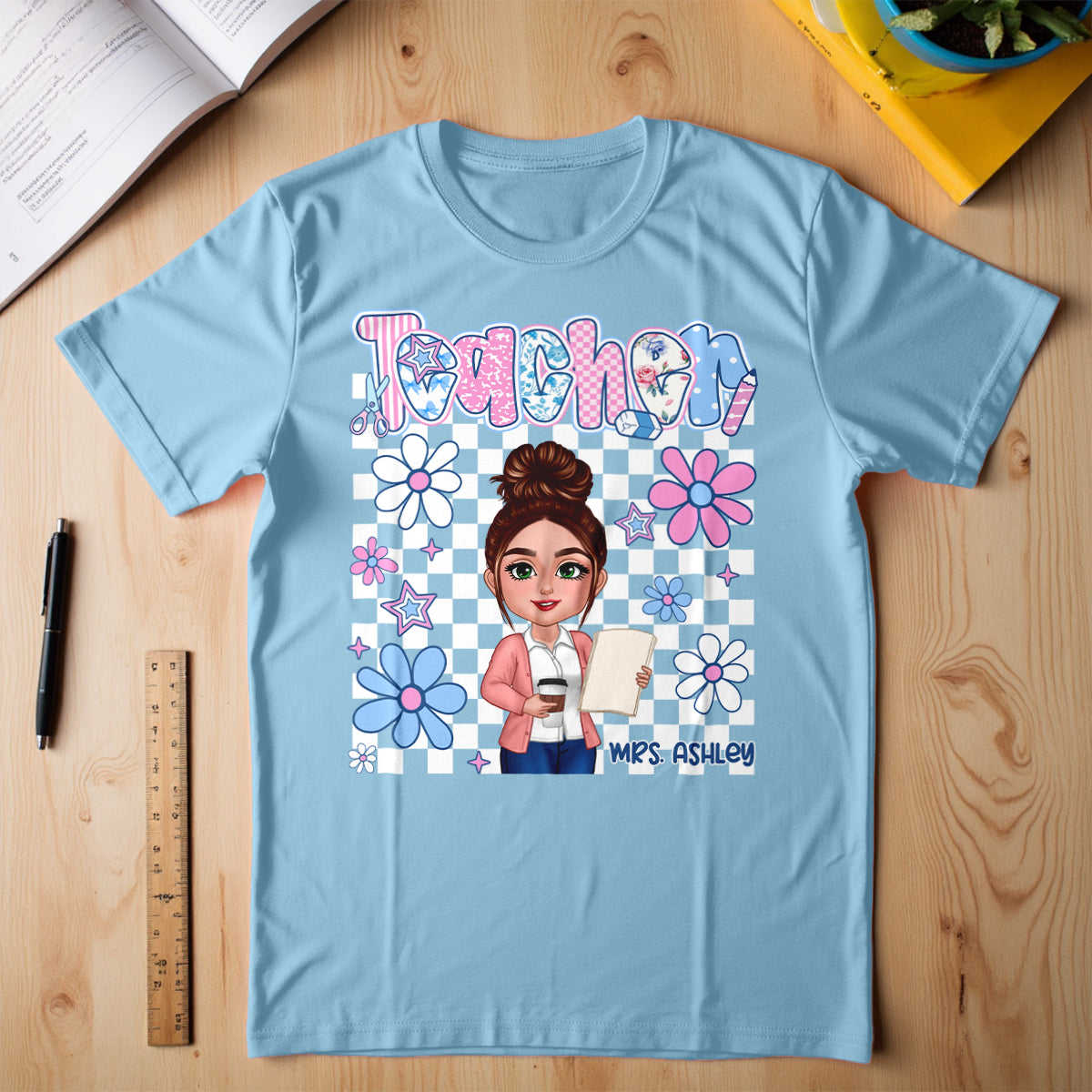 Pastel Blue And Pink Preppy Style Teacher Personalized Shirt| Back To School Gift For Teacher