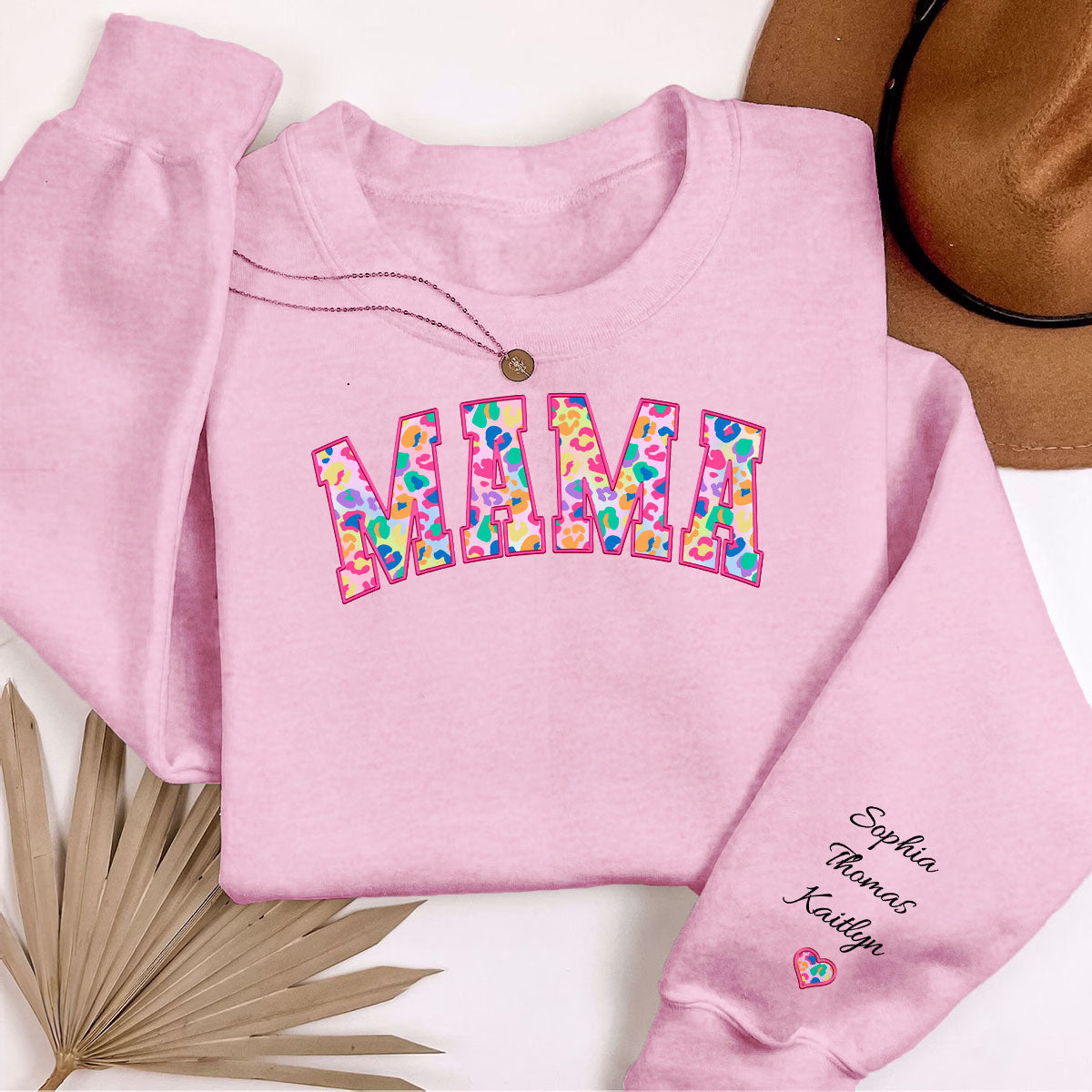 Mama Colorful Leopard Kids Names On Sleeve Personalized Sleeve Printed Sweatshirt