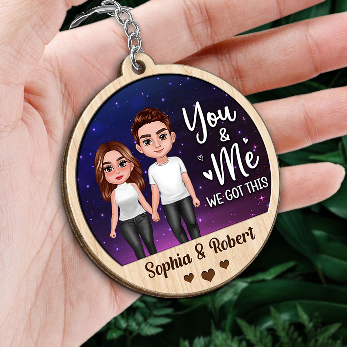 Doll Couple Standing Galaxy Favorite Song QR Code Personalized Circle Wooden Keychain