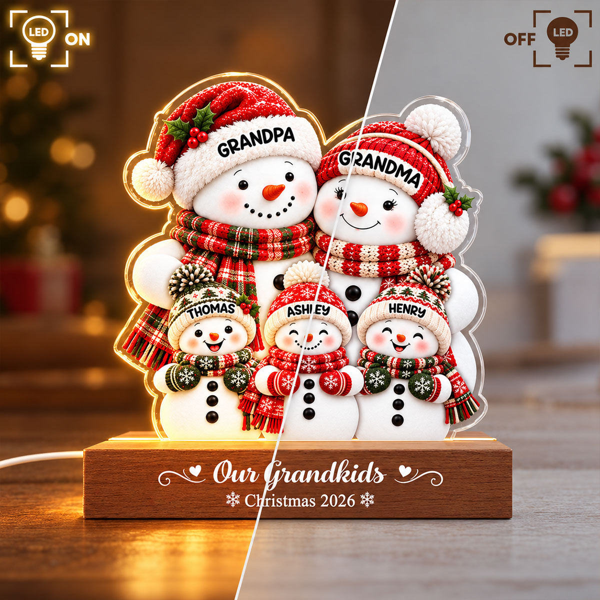 Cozy Warm Christmas Snowman Grandpa Grandma Grandkids - Personalized Acrylic Block LED Night Light - Christmas Decor For Grandparents