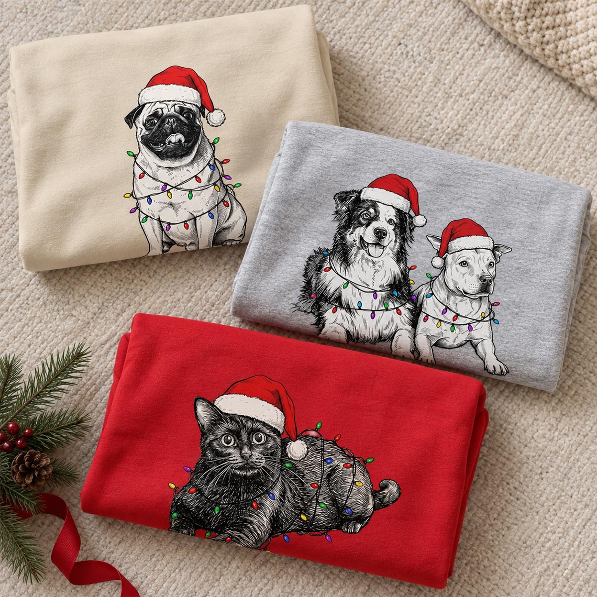 Custom Pet Portrait Christmas Hat & Strings Upload Your Photo - Personalized Shirt - Trendy Christmas Gift For Dog Lover