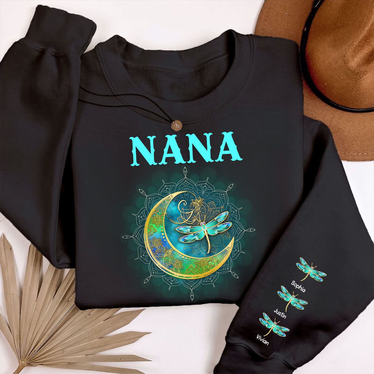 Grandma Mom Moon Mandala Dragonflies Personalized Sleeve Printed Sweatshirt