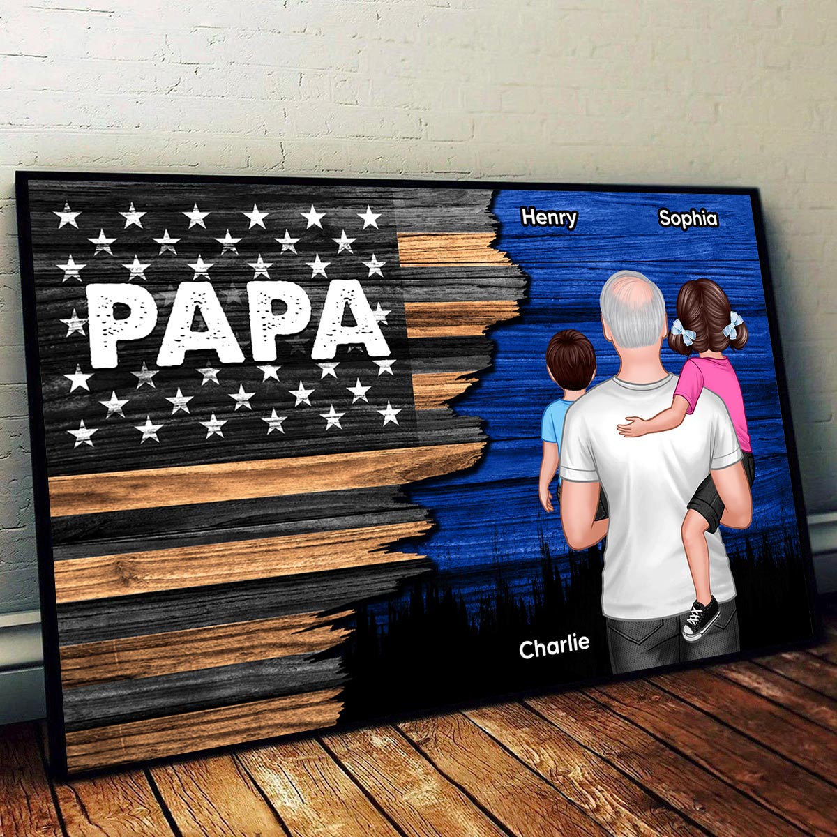 Dad Grandpa Papa Holding Kids Half Nation Flag Personalized Horizontal Poster