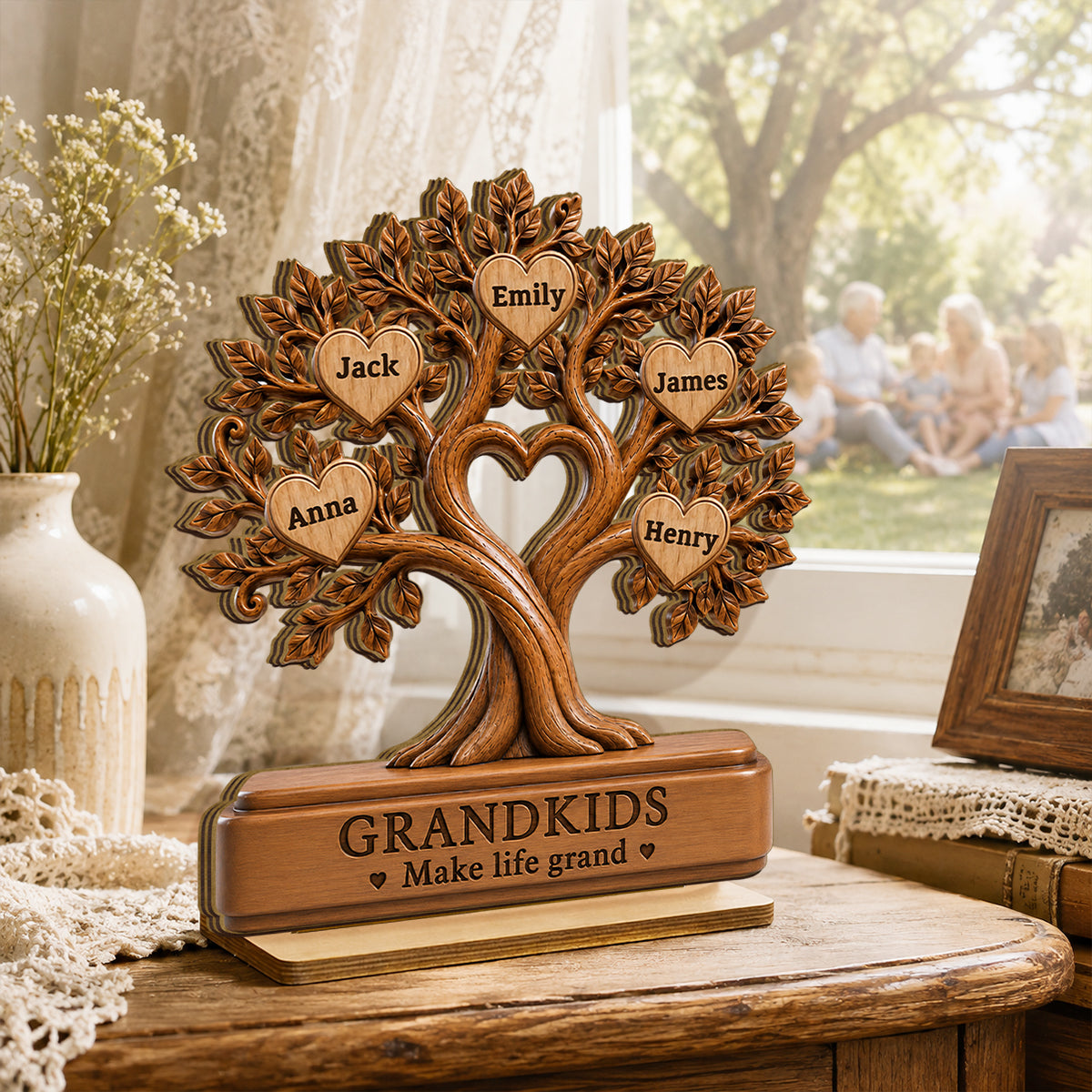 Grandkids Make Life Grand - Personalized 2-Layered Wooden Plaque - Gift for Grandma, Grandpa, Grandparents, Family Keepsake