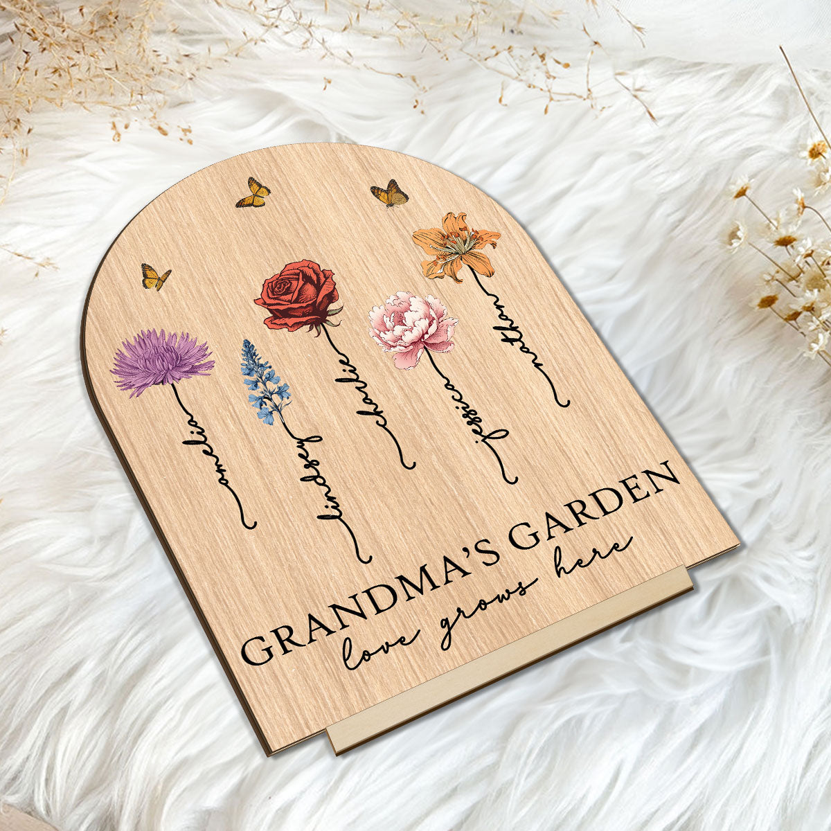 Grandma‘s Garden Love Grows Here Vintage Birth Flower Personalized Standing Wooden Plaque