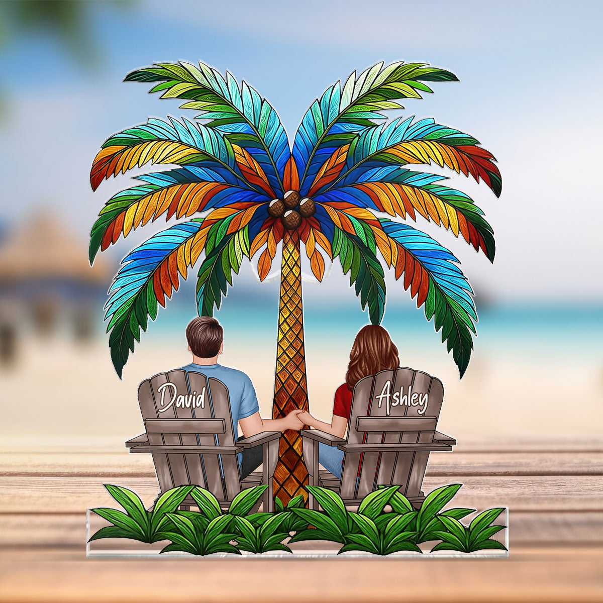 Couple Sitting Under Palm Tree Personalized Acrylic Block Plaque, Summer Decor, Gift for her, Gift for him