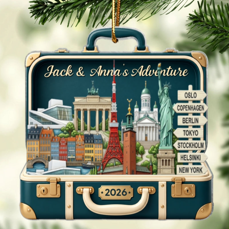 Custom Travel Adventure Suitcase 2D Flat Printed - Personalized Acrylic Ornament - Traveling Destination Keepsake, Christmas Gift For Traveling Lovers