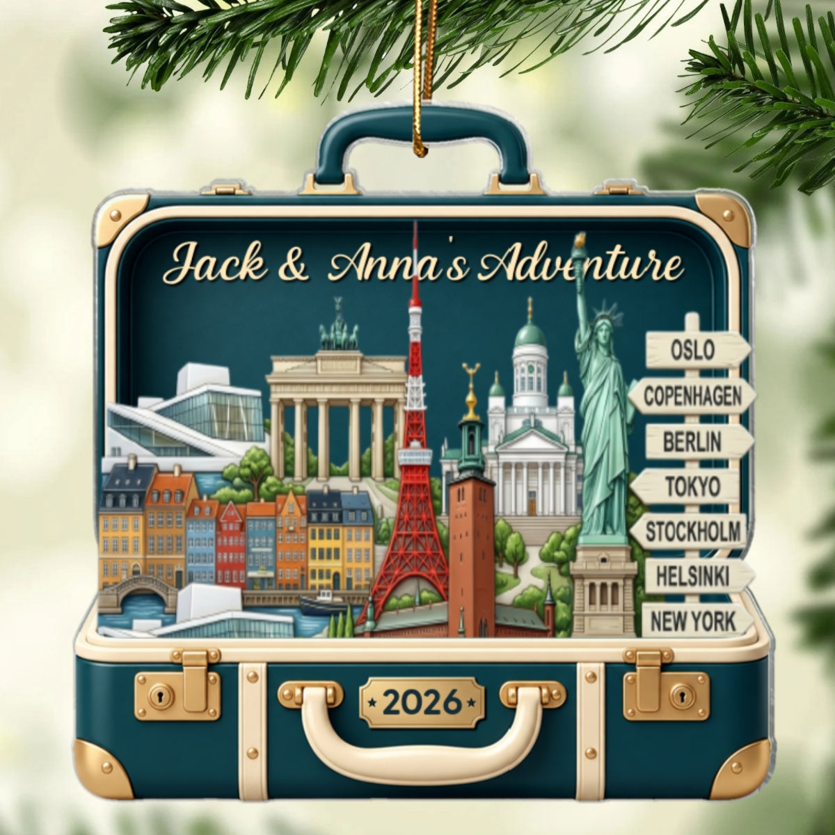 Custom Travel Adventure Suitcase 2D Flat Printed - Personalized Acrylic Ornament - Traveling Destination Keepsake, Christmas Gift For Traveling Lovers