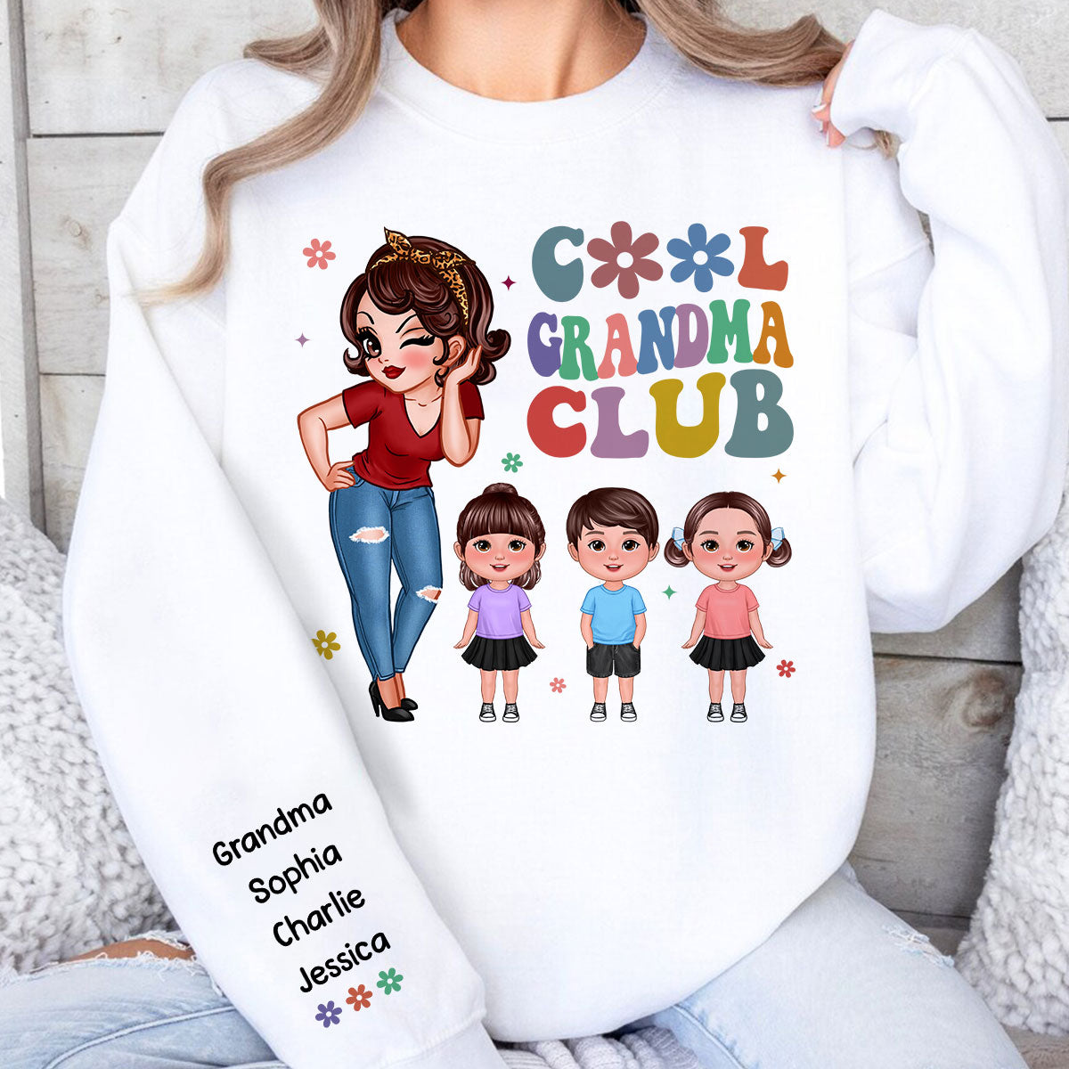 Cool Grandma Club, Names On Sleeve Personalized Sleeve Printed Sweatshirt