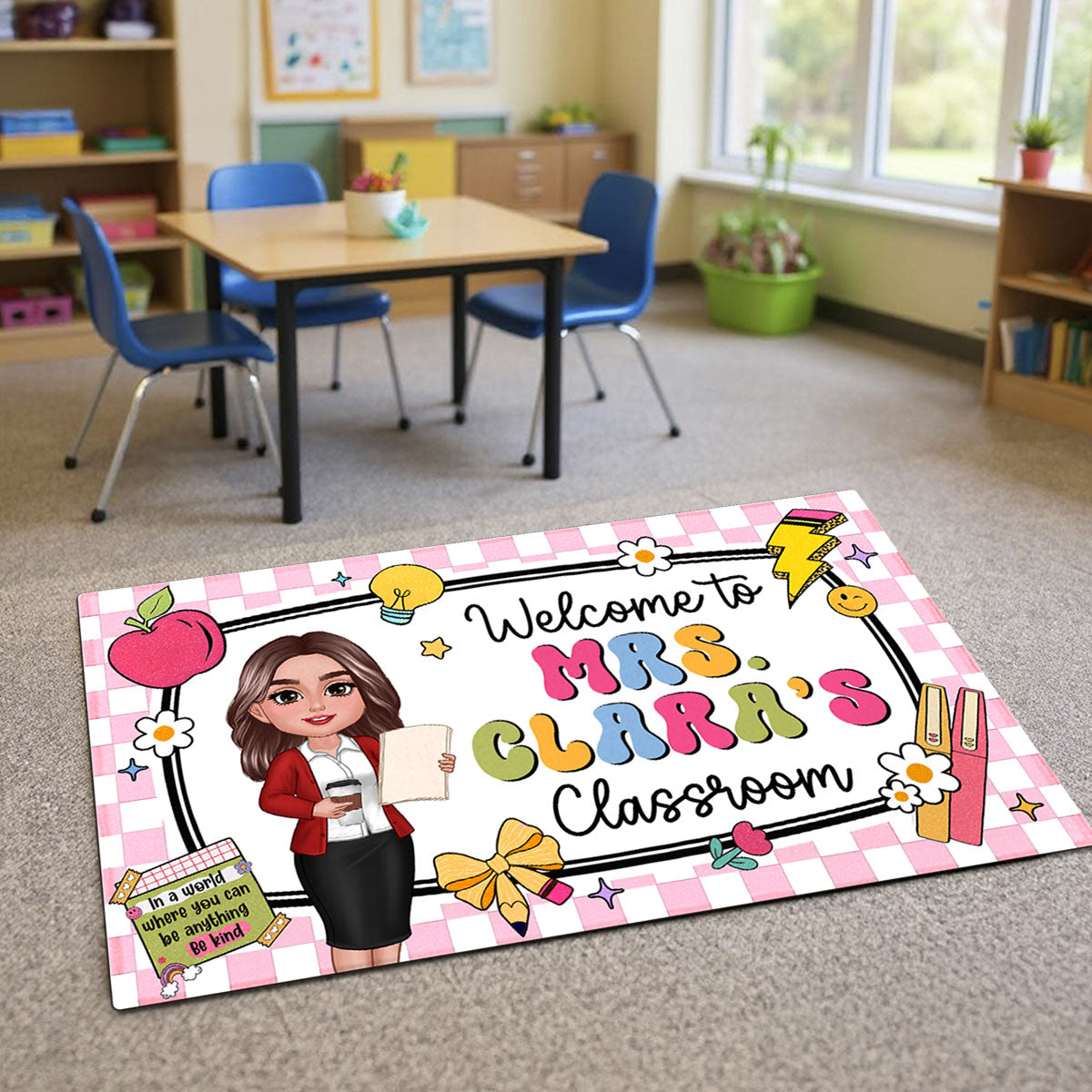 Teacher Checkered Pattern Welcome To Classroom Personalized Doormat| Back To School Gift, Classroom Decoration
