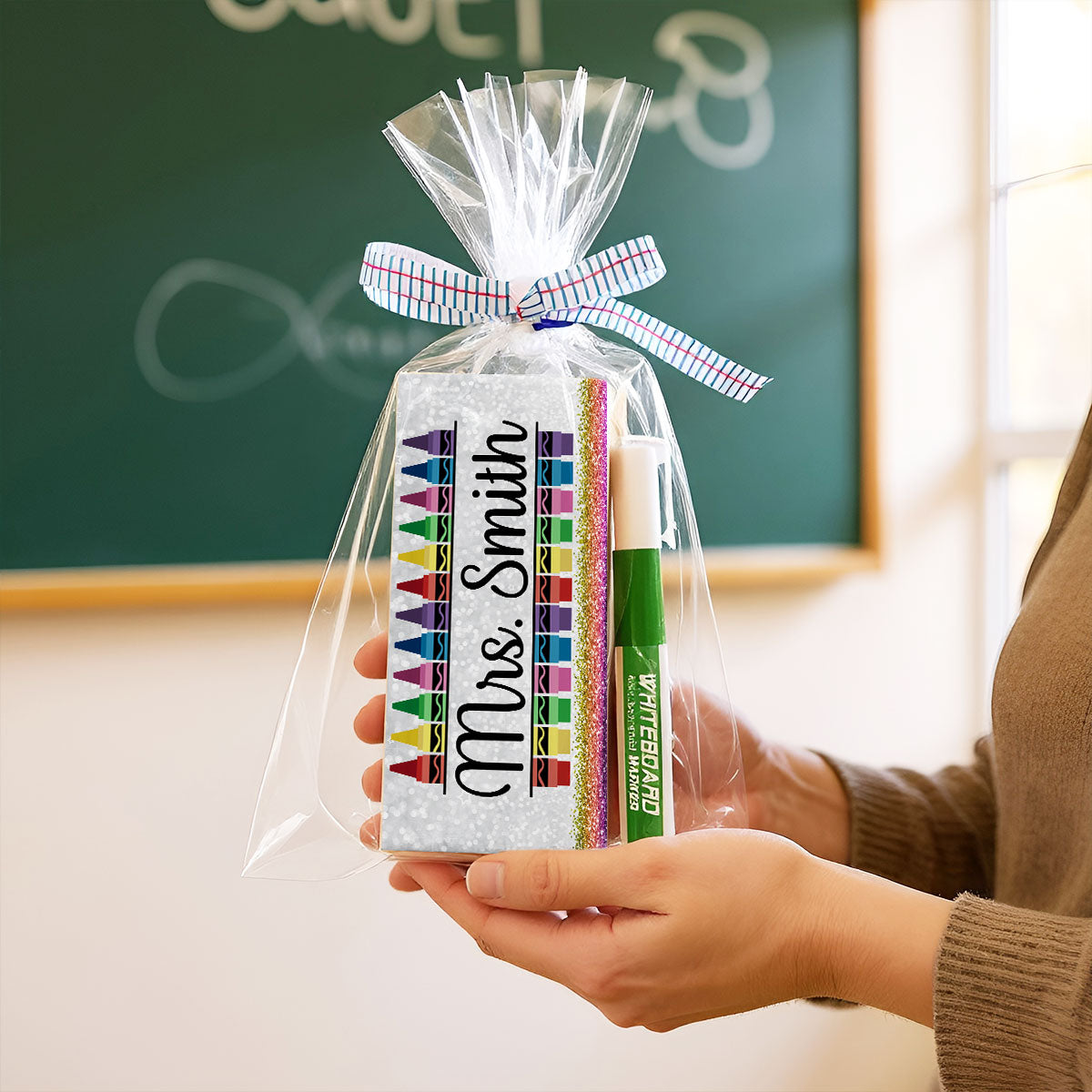 Teacher Pencil Glitter Pattern Personalized Teacher Whiteboard/Chalkboard Eraser with Marker, Teacher Appreciation Gifts, Back-to-School Teacher Gift Set
