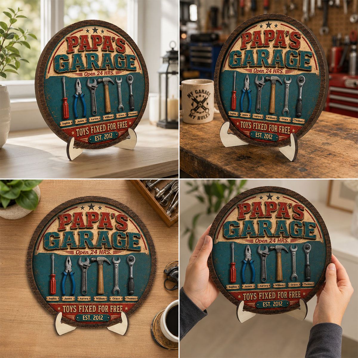 Papa Dad's Garage Toys Fixed For Free Custom Kid Name 2D Flat - Personalized 2-Layered Wooden Plaque - Father's Day Gift For Mechanic Dad, Grandpa