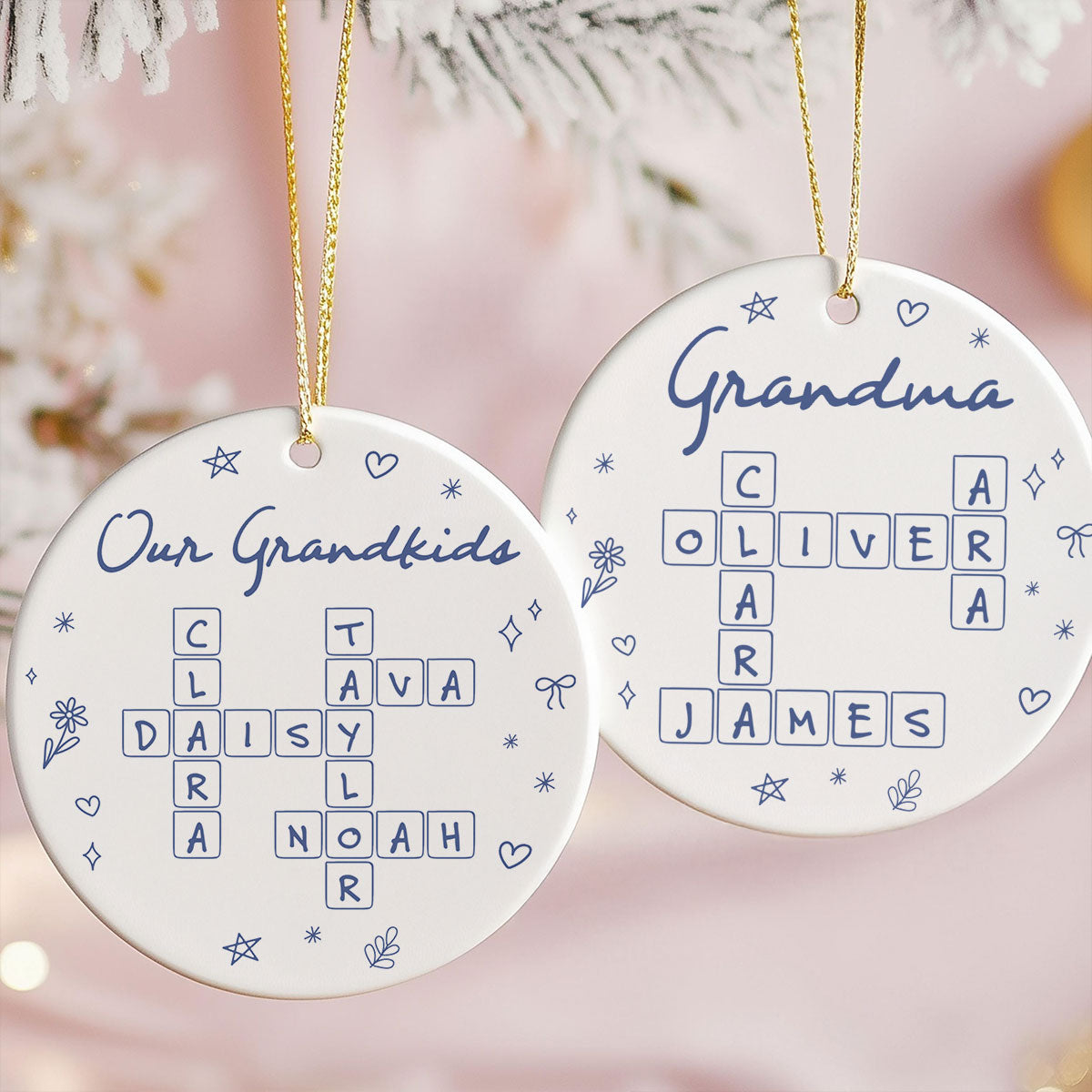 Our Grandkids Line Art Doodle Things Crossword Puzzle Art Gift For Grandma Personalized Ceramic Ornament